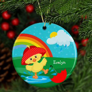 Cute Happy Duck in Rain met regenboog Keramisch Ornament