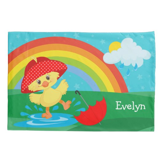Cute Happy Duck in Rain met regenboog Kussensloop (Achterkant)
