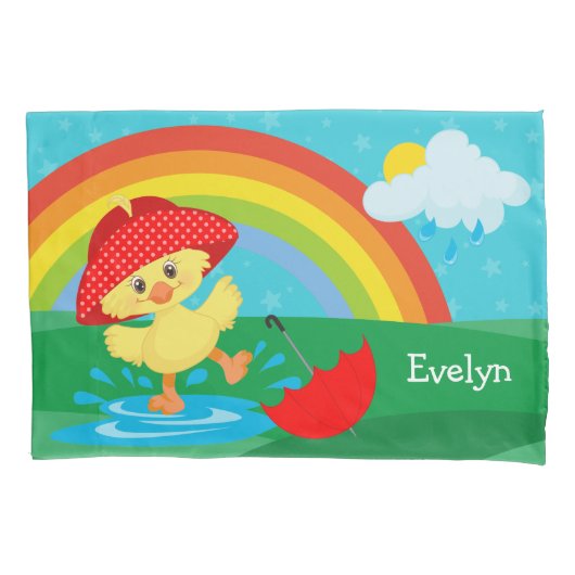 Cute Happy Duck in Rain met regenboog Kussensloop (Voorkant)