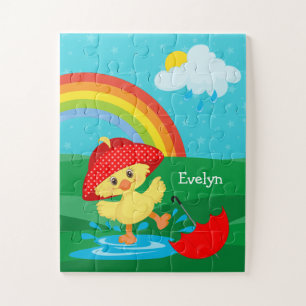 Cute Happy Duck in Rain met regenboog Legpuzzel