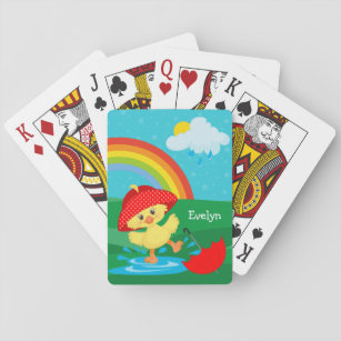 Cute Happy Duck in Rain met regenboog Pokerkaarten