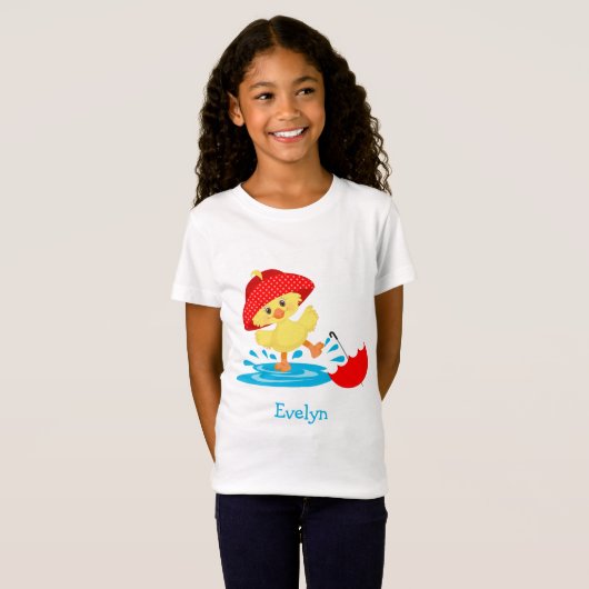 Cute Happy Duck in Rain met voornaam T-shirt (Voorkant volledig)