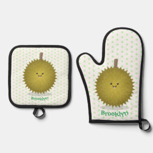 Cute happy durian cartoon illustratie ovenwant & pannenlap set