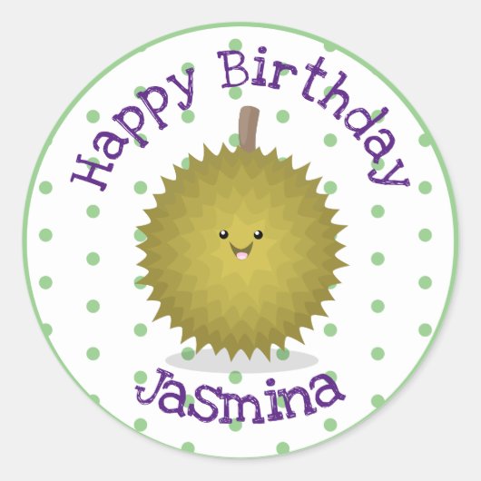 Cute happy durian cartoon illustratie ronde sticker (Voorkant)