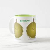 Cute happy durian cartoon illustratie tweekleurige koffiemok (Voorkant links)