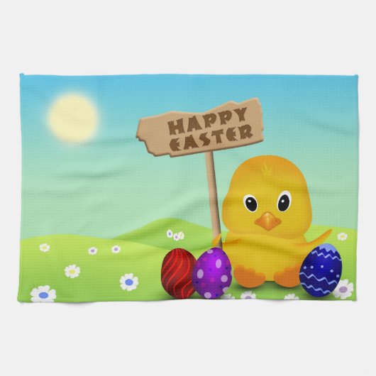 Cute Happy Easter Baby Chick Theedoek (Horizontaal)