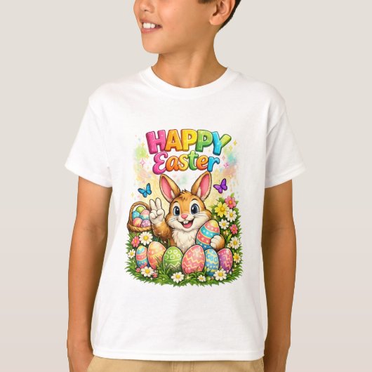 Cute Happy Easter Bunny Peace Sign Graphic T-Shirt (Voorkant)