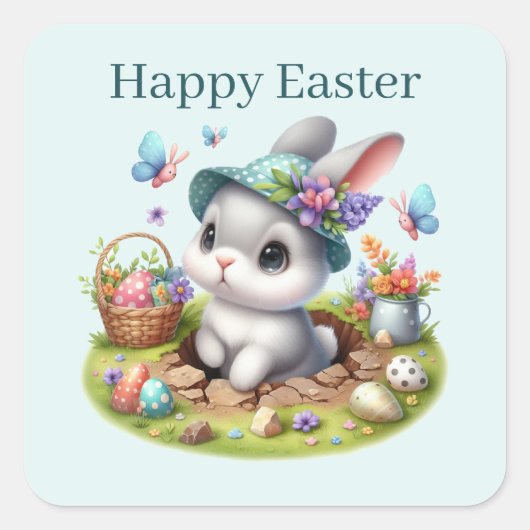 Cute Happy Easter bunny Vierkante Sticker (Voorkant)