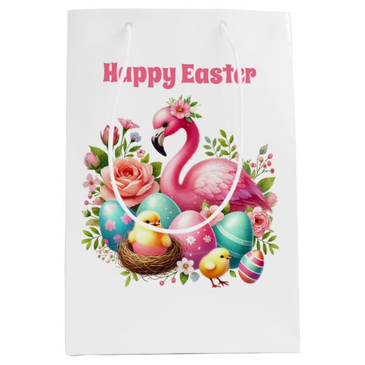 Cute Happy Easter pink flamingo  Medium Cadeauzakje (Voorkant)