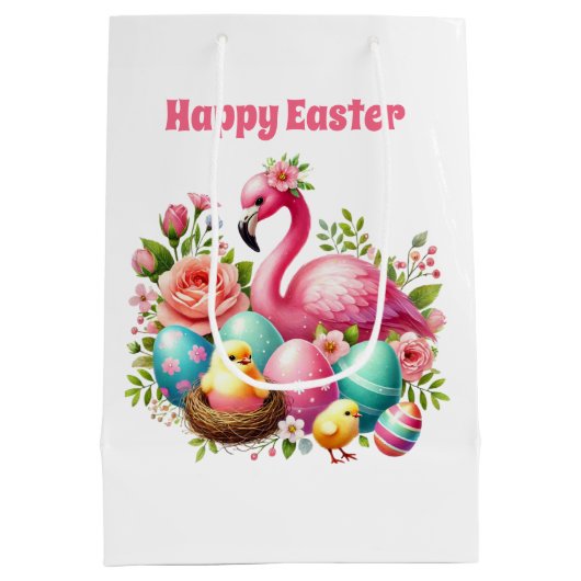 Cute Happy Easter pink flamingo  Medium Cadeauzakje (Achterkant)