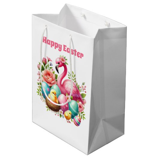 Cute Happy Easter pink flamingo Medium Cadeauzakje (Achterkant Gekanteld)