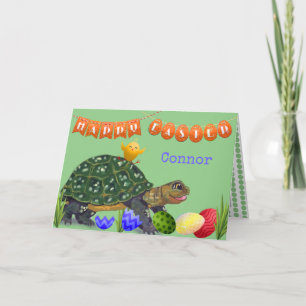 Cute Happy Easter Turtle Green Child Kind Custom Feestdagen Kaart