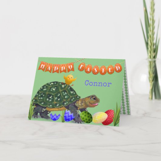 Cute Happy Easter Turtle Green Child Kind Custom Feestdagen Kaart (Voorkant)