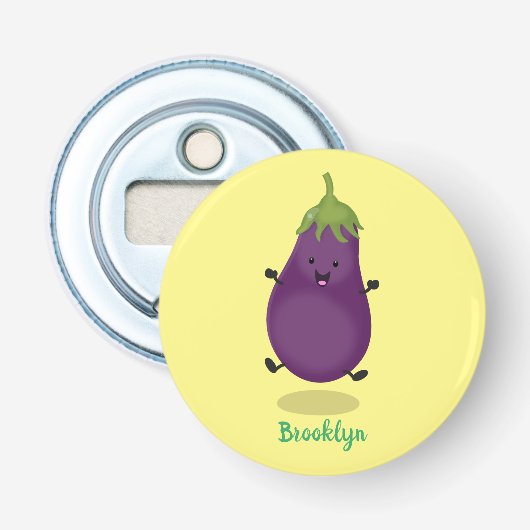 Cute happy eggplant cartoon button flesopener (Voorkant)