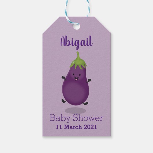 Cute happy eggplant cartoon cadeaulabel (Voorkant)