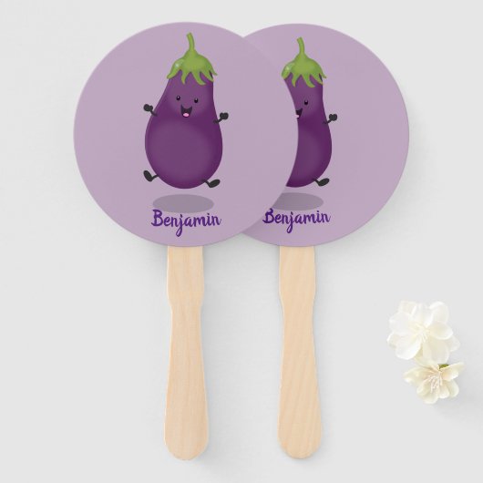 Cute happy eggplant cartoon handwaaier (Voorkant en achterkant)