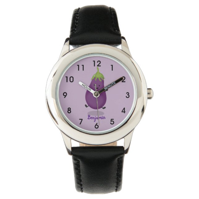 Cute happy eggplant cartoon horloge (Voorkant)