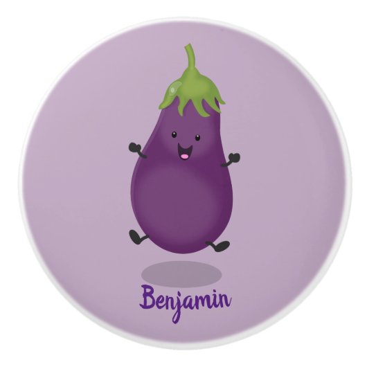Cute happy eggplant cartoon keramische knop (Voorkant)