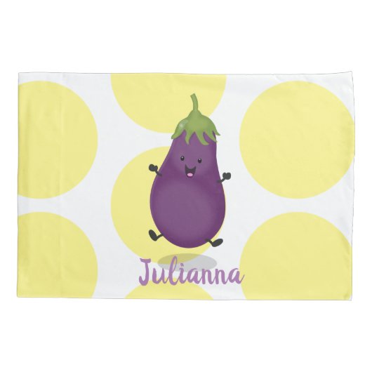Cute happy eggplant cartoon kussensloop (Achterkant)