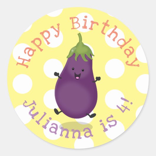 Cute happy eggplant cartoon ronde sticker (Voorkant)