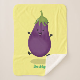 Cute happy eggplant cartoon sherpa deken