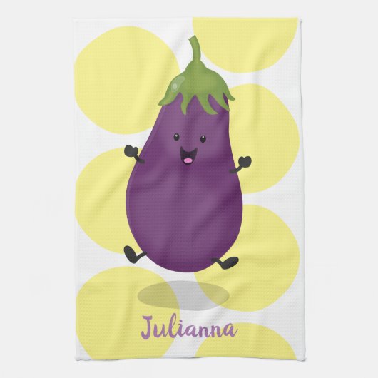 Cute happy eggplant cartoon theedoek (Verticaal)
