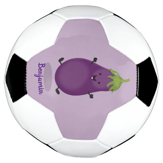 Cute happy eggplant cartoon voetbal (Gedraaid)