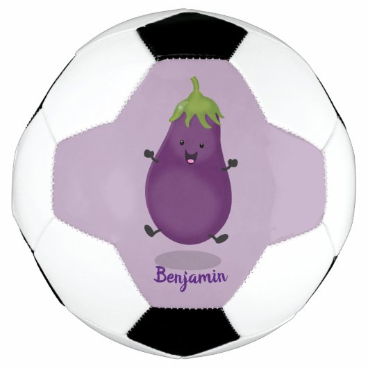 Cute happy eggplant cartoon voetbal (Voorkant)