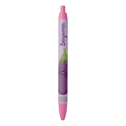 Cute happy eggplant cartoon zwarte inkt pen (Voorkant Verticaal)