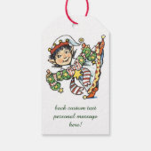 Cute Happy Elf Danser, Retro Kerstmis Cartoon Cadeaulabel (Achterkant)