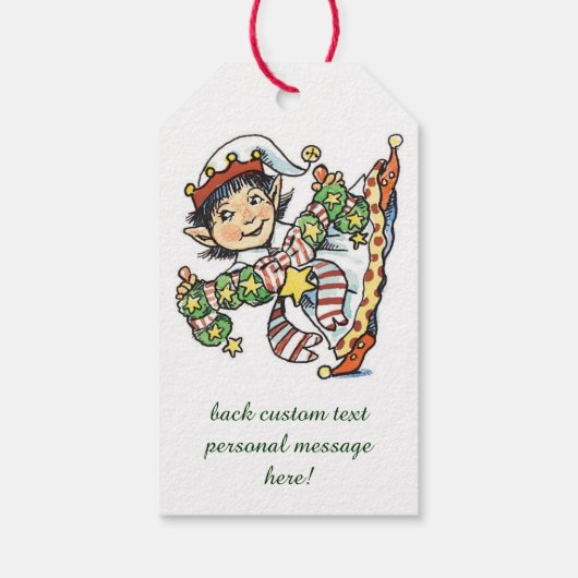 Cute Happy Elf Danser, Retro Kerstmis Cartoon Cadeaulabel (Achterkant)
