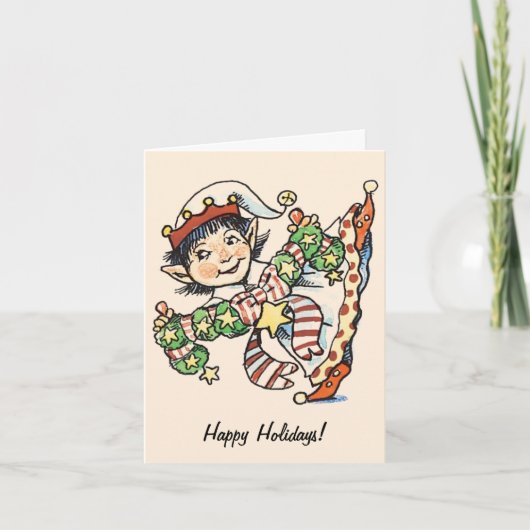 Cute Happy Elf Danser, Retro Kerstmis Cartoon Feestdagen Kaart (Voorkant)