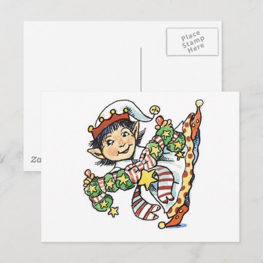 Cute Happy Elf Danser, Retro Kerstmis Cartoon Feestdagenkaart (Voorkant / Achterkant)