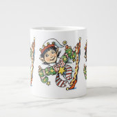 Cute Happy Elf Danser, Retro Kerstmis Cartoon Grote Koffiekop (Voorkant)