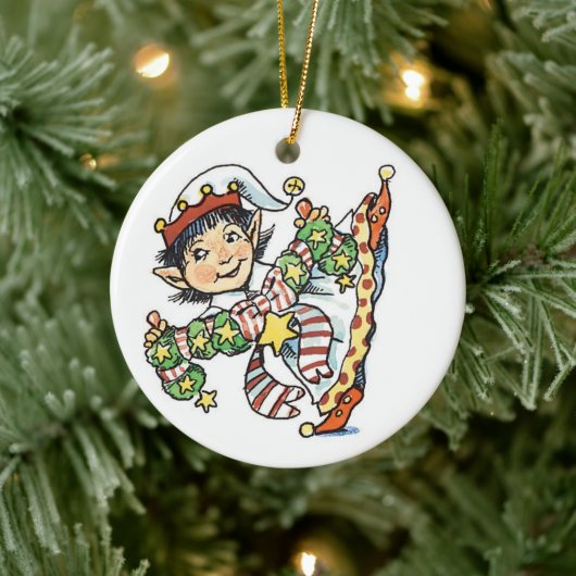 Cute Happy Elf Danser, Retro Kerstmis Cartoon Keramisch Ornament (Boom)