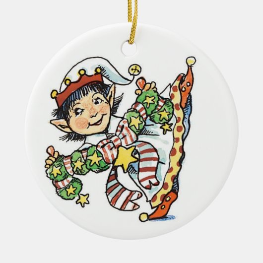 Cute Happy Elf Danser, Retro Kerstmis Cartoon Keramisch Ornament (Voorkant)