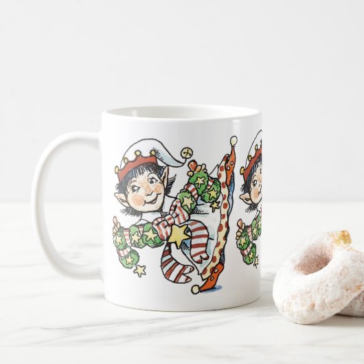 Cute Happy Elf Danser, Retro Kerstmis Cartoon Koffiemok (Met donut)