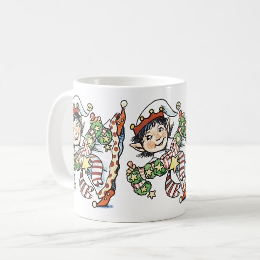 Cute Happy Elf Danser, Retro Kerstmis Cartoon Koffiemok (Voorkant links)