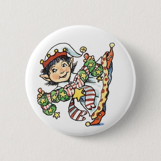 Cute Happy Elf Danser, Retro Kerstmis Cartoon Ronde Button 5,7 Cm (Voorkant)
