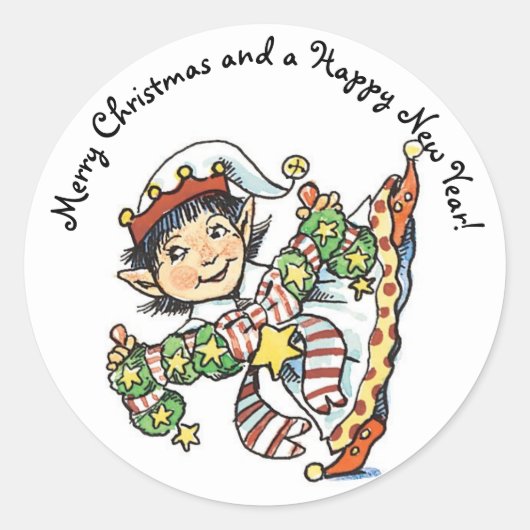 Cute Happy Elf Danser, Retro Kerstmis Cartoon Ronde Sticker (Voorkant)