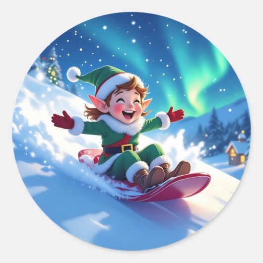 Cute Happy Elf Sledding Christmas Ronde Sticker (Voorkant)