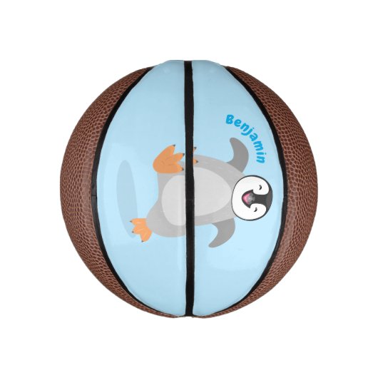 Cute happy emperor pinguin chick cartoon basketbal (Verticaal)