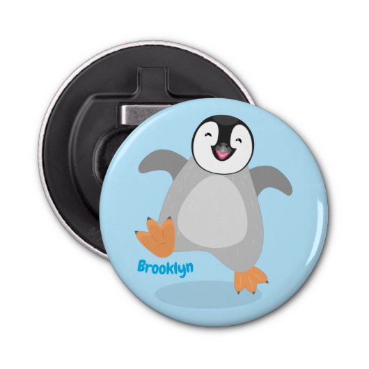 Cute happy emperor pinguin chick cartoon button flesopener (Voorkant)