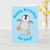 Cute happy emperor pinguin chick cartoon kaart (Gele Bloem)