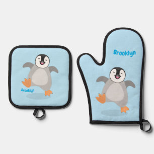 Cute happy emperor pinguin chick cartoon ovenwant & pannenlap set