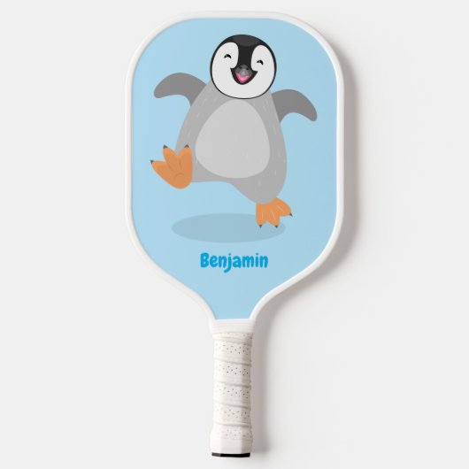 Cute happy emperor pinguin chick cartoon pickleball paddle (Achterkant)