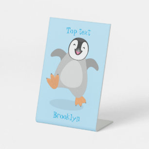 Cute happy emperor pinguin chick cartoon reclamebord met voetstuk