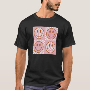 Cute Happy Face Checkered Pattern Pink Smile Face T-shirt