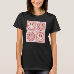 Cute Happy Face Checkered Pattern Pink Smile Face T-shirt