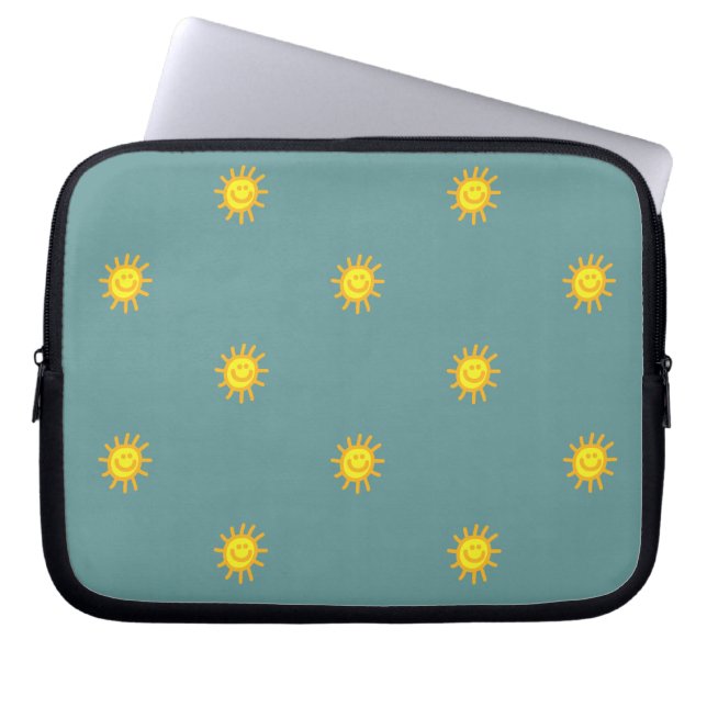 Cute Happy Face Sunshine Sun Pattern Blauwgroen Mo Laptop Sleeve (Voorkant)